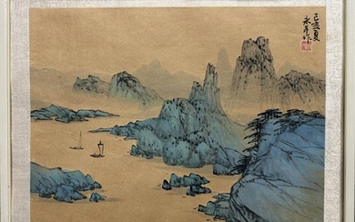 Signed Antique Chinese Hong Kong Bay Landscape Blue Mountains Woodblock Print