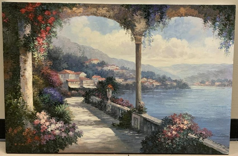 Signed Oil Painting of a Mediterranean Village