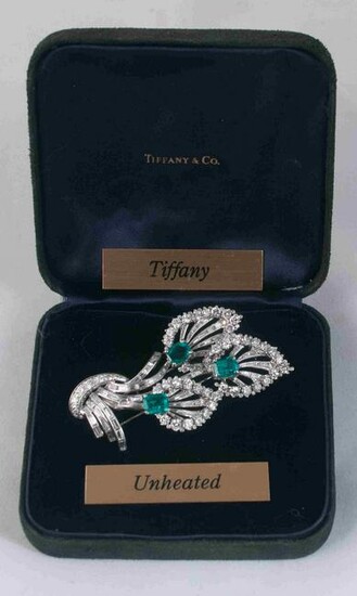 Signed Tiffany & Co. diamond and emerald brooch 18ktw