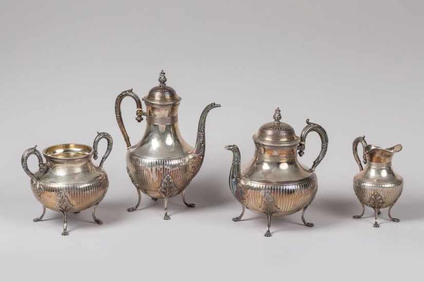 Silver coffee and tea set, decorated with ribs...