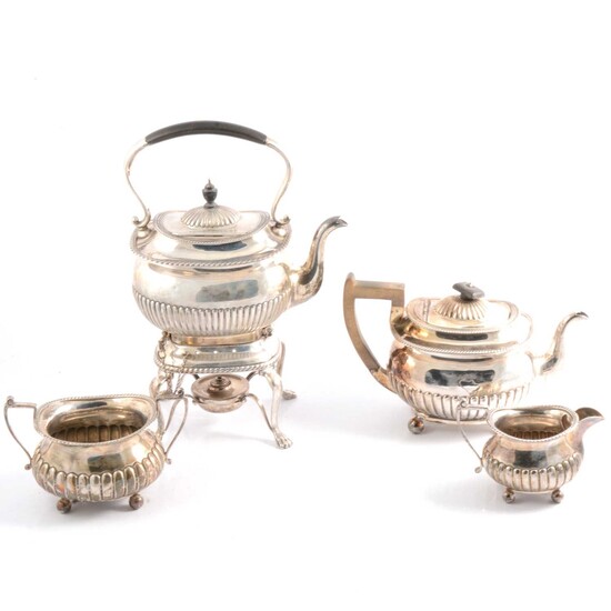 Silver three piece teaset plus kettle and stand by Martin, Hall & Co