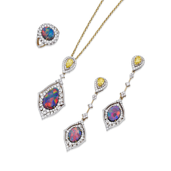 Suite of Black Opal, Fancy Colored Diamond and Diamond Convertible Jewelry