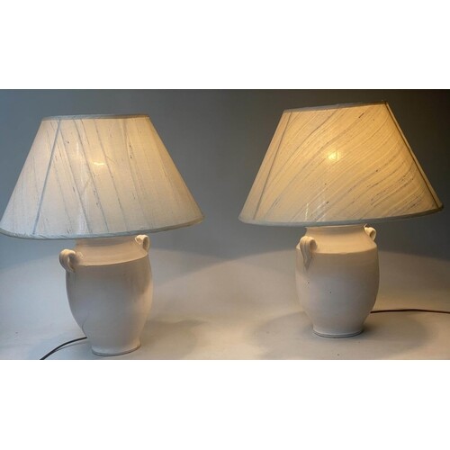 TABLE LAMPS, a pair, Provencal ceramic wine jar form with pa...