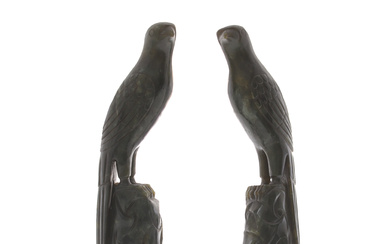 TWO CHINESE CARVED SOAPSTONE FIGURES OF BIRDS.