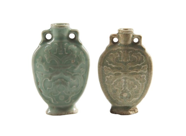 TWO CHINESE CELADON PORCELAIN SNUFF BOTTLES QING DYNASTY (1644-1912), 19TH CENTURY The De Voogd Collection