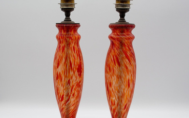 TWO FRENCH ART NOUVEAU TABLE LAMPS, GLASS, BRASS BASE, AROUND 1910, PRESUMABLY A TAILOR.