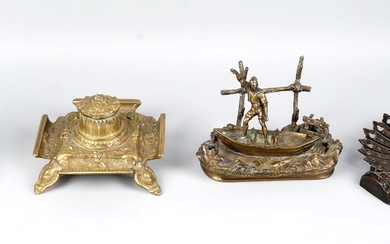 TWO VICTORIAN FIGURAL INKWELLS, A SOLDIER, AND A BRASS INKWELL, LATE 19TH CENTURY