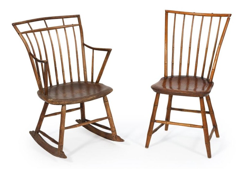 TWO WINDSOR CHAIRS Both with brown finish. One a side chair with plank seat, back height 33.5" and seat height 16.5", and the other...