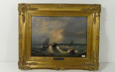 Tableau (Huile sur panneau) Marine "Scène de pêche en mer". Signé Jan van Dyck. Dimensions...