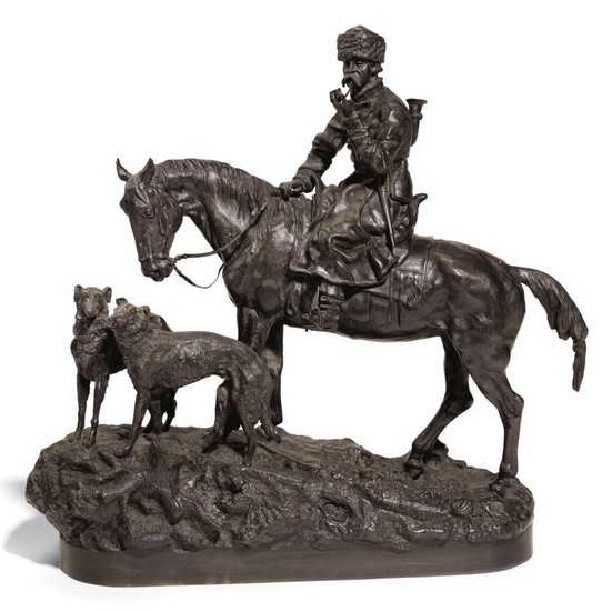 THE RETURN FROM THE HUNT: A BRONZE FIGURAL GROUP, CAST BY WOERFFEL, ST PETERSBURG, AFTER THE MODEL BY VASILY GRACHEV (1831-1905), 1877