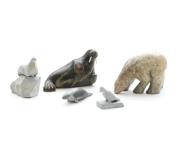 Therkild Josefsen a.o.: Five Greenlandic carved soapstone figures. Signed. 20th century. H. 4–13 cm. (5)