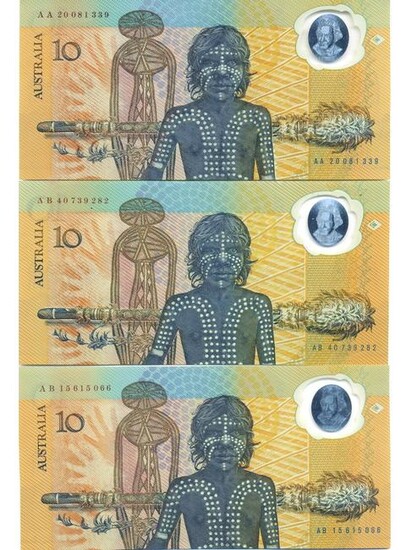 Three (3) 1988 Australian Polymer Ten Dollar Notes