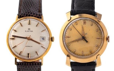 Two 18ct gold wristwatches, one with silvered dial applied gilt baton markers, date aperture and sweep centre seconds, signed Electra, stamped 18K 750, c. 1960, case width 34mm; the other with champagne dial, dot and spearpoint markers, gilt hands...