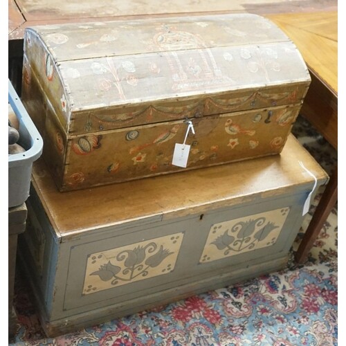 Two 19th century Swedish painted pine trunks, larger width 7...
