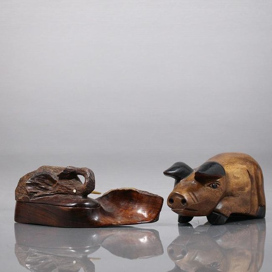 Two Assorted Carved Wood: Pig and a Goose