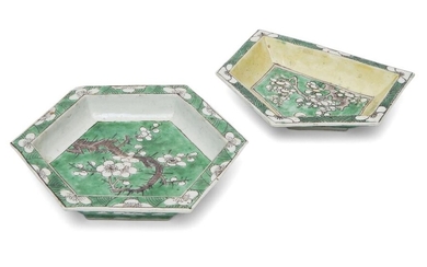 Two Chinese biscuit porcelain sancai sweetmeat dishes, Kangxi period, one hexagonal painted with prunus to the centre over a green ground, the pentagonal dish decorated with similar subject with yellow glaze applied to the interior, 14cm wide. (2)...