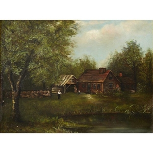 UNKNOWN ARTIST (20th century) UNTITLED (LANDSCAPE WITH LOG CABIN)...