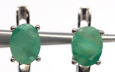 Unheated 6 x 8 MM. Green Emerald Earrings 925 Sterling Silver White Gold Plated(17)