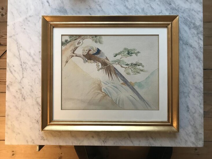 SOLD. Unknown chinese artist, circa 1900: Composition with pheasant. Unsigned. Watercolour on paper. Visible size 31 x 39 cm. Frame size 31 x 39 cm. Framed. – Bruun Rasmussen Auctioneers of Fine Art