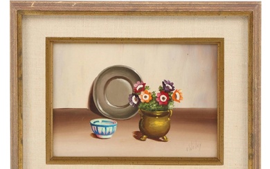 V. Weley Still Life Oil Painting of Anemones, Bowl, and Plate
