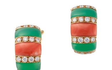VAN CLEEF & ARPELS, A PAIR OF CORAL, CHRYSOPRASE AND DIAMOND CLIP EARRINGS in 18ct yellow gold, e...