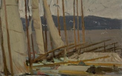 Victor Dmitryevsky, Russian 1923-2006 - Moored boats, 1948; oil on canvas, signed and dated lower left 'V Dmitryevsky 48', indistinctly inscribed and dated on the reverse '1948', 100 x 60 cm