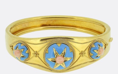Victorian Etruscan Revival Coral and Blue Enamel Bangle