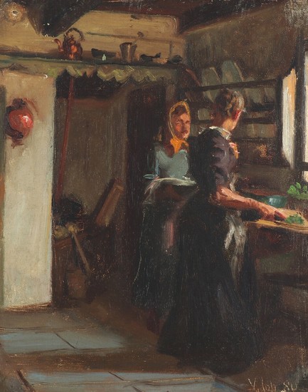 Viggo Johansen: Kitchen interior with two women. Signed and dated V. Joh. 80 (scratched). Oil on canvas. 22×18.5 cm.