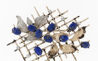 Vintage 14K Multi Tone Gold Blue Lapis & Diamond Textured Leaves Grid Brooch Pin