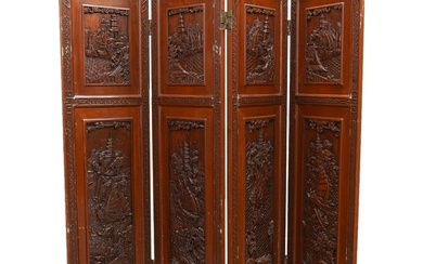 Vintage Chinese Carved Wood Nautical Four Panel Screen