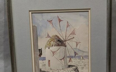 Vintage Middle East Windmill Signed Watercolor Painting