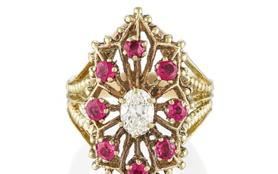 Vintage Oval Diamond and Ruby Ring