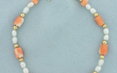 Vintage Pink Coral, Pearl, and Gold Bead Bracelet in 14k Yellow Gold