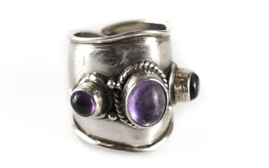 Vintage Sterling Silver Amethyst 3 stone Cabochon Ring Adjustable Size