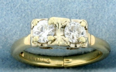 Vintage Two Stone Old European Cut Diamond Friendship Ring with Expandable Shank in 14K Yellow Gold