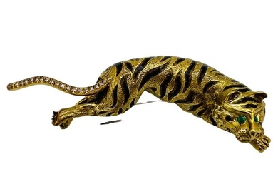 Vintage Yellow Gold, Enamel and Diamond Tiger Brooch