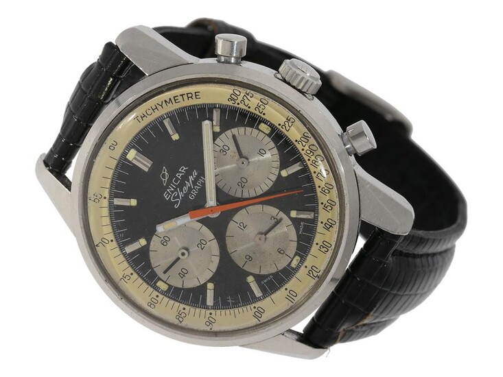 Wristwatch: wanted vintage chronograph, ENICAR, REF. 072-001, 'SHERPA GRAPH', VALJOUX 72, very rare black and white dial version, ca. 1967