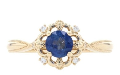 Yellow Gold Sapphire & Diamond Ring, 14k Round .79ctw Floral Milgrain Engagement