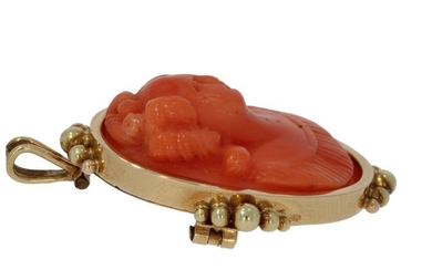 14 kt. Yellow gold - Brooch, Pendant Red coral cameo