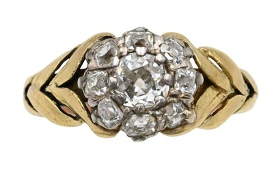 14K Yellow Gold and Diamond Ring Set with Center Diamond Surrounded by Small Diamonds