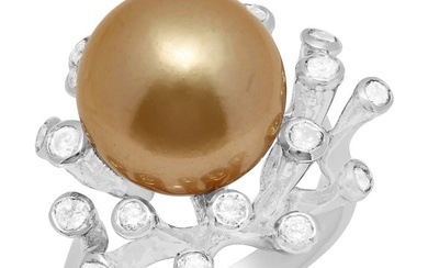 14k White Gold 15mm Pearl 0.41ct Diamond Ring