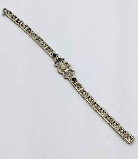 14k White Gold Antique Diamond Filigree Bracelet. White