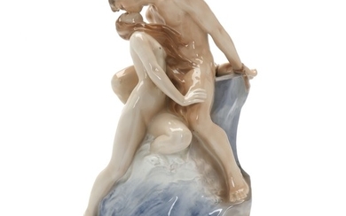 Theodor Lundberg: “Wave and Rock”. A porcelain figure group decorated in colours. 1132. Royal Copenhagen. H. 47 cm.