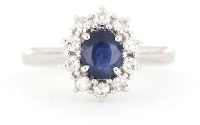 18 kt. White gold - Ring - 1.30 ct Sapphire - Diamonds