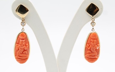 18 kt. Yellow gold - Earrings Coral - Diamonds