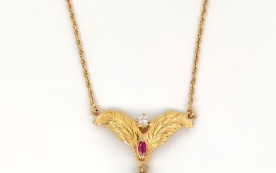 18 kt. Yellow gold - Necklace with pendant - 0.95 ct Sapphire - Ct 0.10 Ruby - Ct 0.12 Diamond