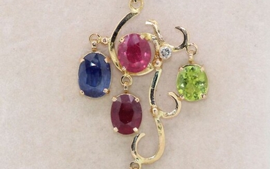 18 kt. Yellow gold - Pendant - 1.50 ct Ruby - Diamond, Emerald, Peridots, Sapphire