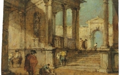 Francesco Guardi (Venice 1712-1793), An architectural capriccio with figures conversing