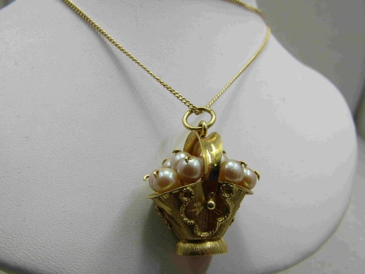 18kt Gold Pearl Basket, 14Kt 22" Gold necklace