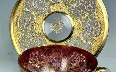 19TH C. GILT AND ENAMELLED GLASS CUP AND SAUCER